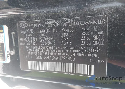 2010 Hyundai Santa Fe Limited V6 z USA, uszkodzony, nr VIN 5NMSK4AG4AH394495